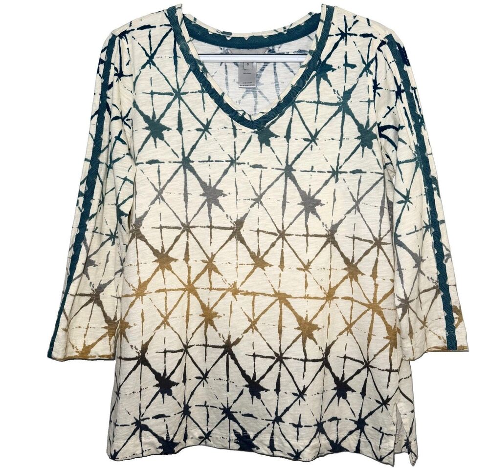 Multiples Women’s Small Abstract Ombre Tunic Top 3/4 Sleeve Cotton V Neck Boho